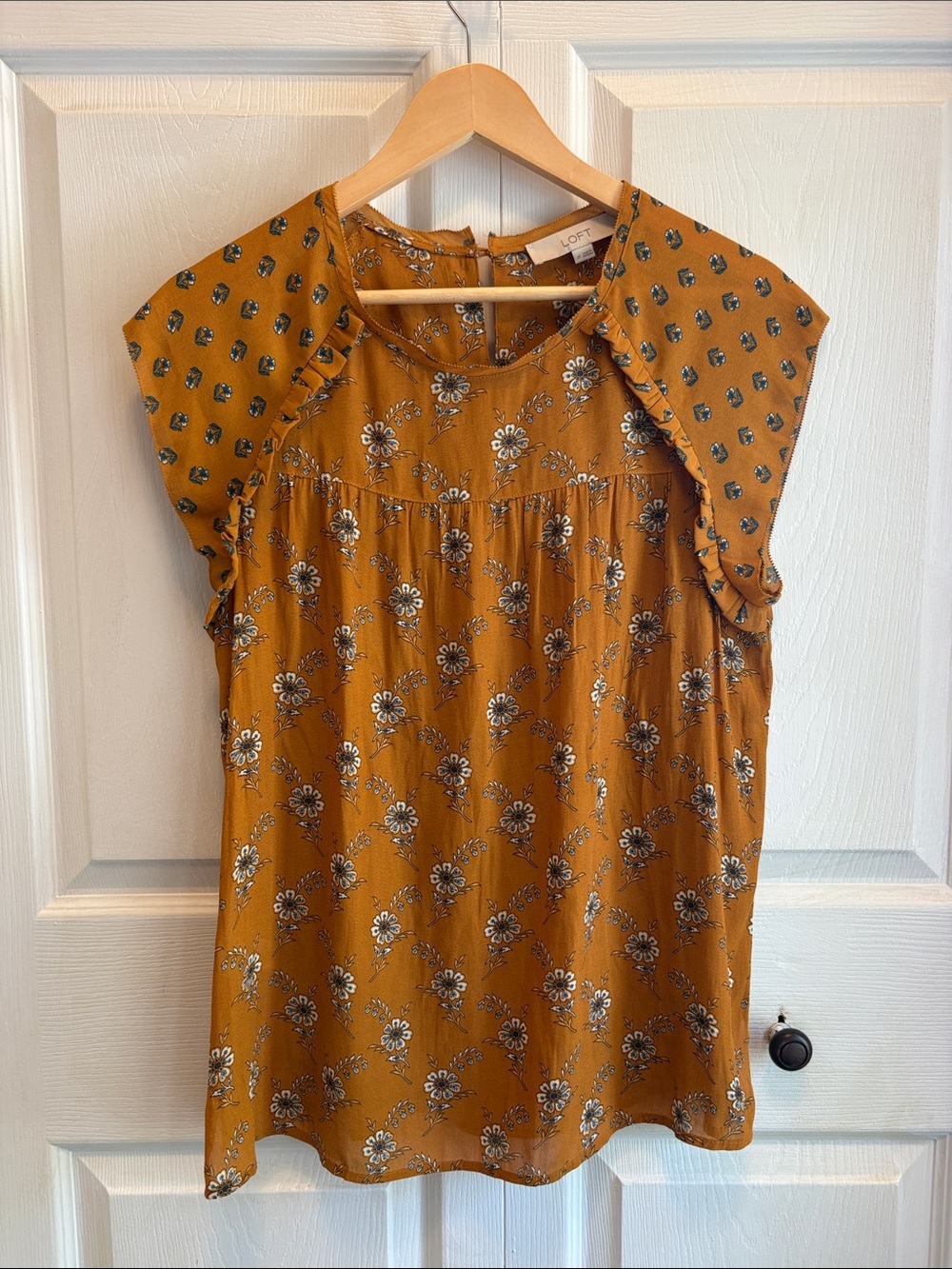 LOFT Mustard Floral Ruffle-Sleeve Blouse